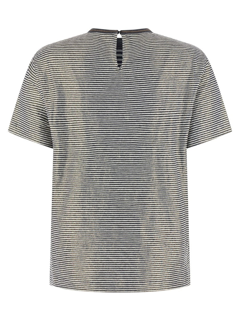 Brunello Cucinelli 'Shiny Collar Detail' Striped Linen T-Shirt