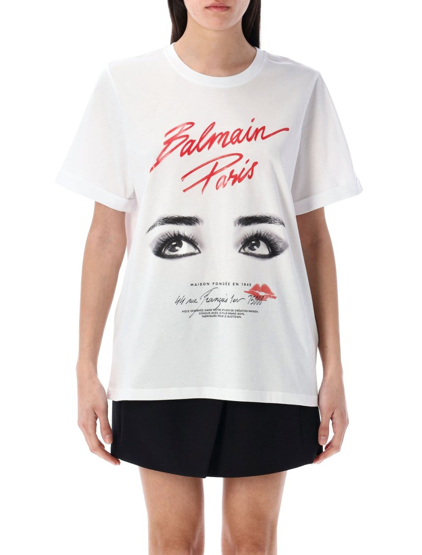 Balmain Graphic White Cotton T-Shirt With Unique Motif