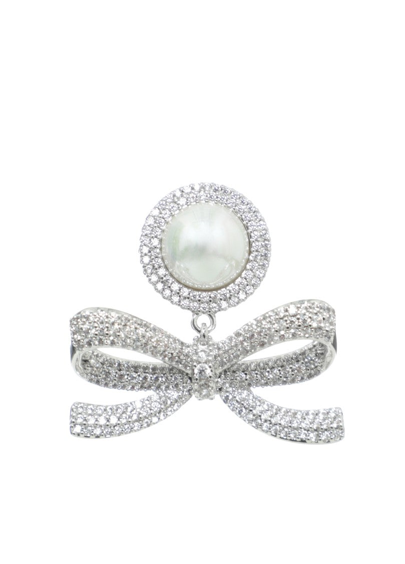 Self-Portrait Silver Crystal Bow Pearl Earrings