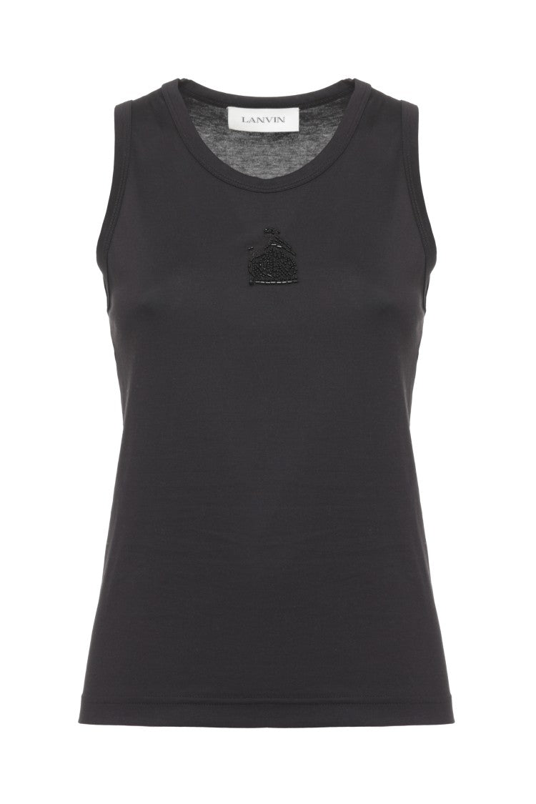 Lanvin Black Beaded Embroidered Cotton Tank Top