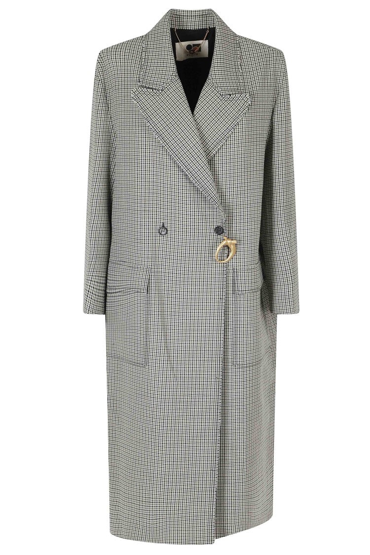 Ports 1961 Gray Check Pattern Fringed Lapels Wool Coat