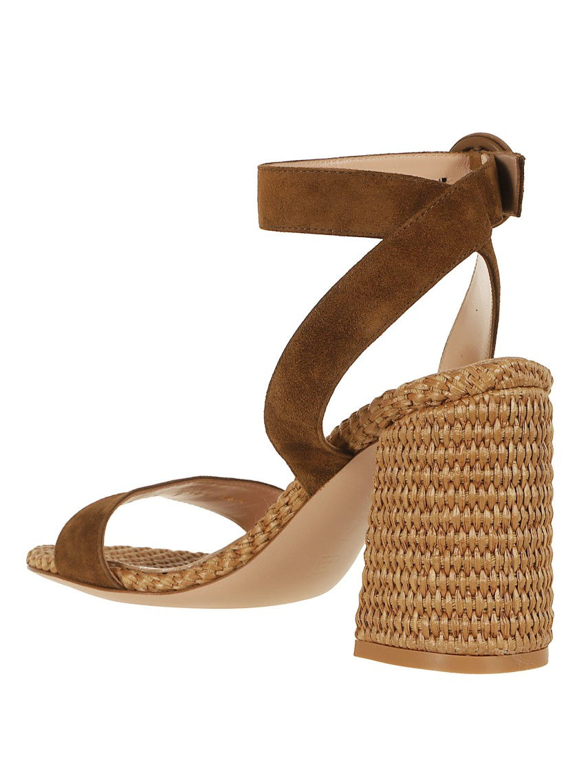 Gianvito Rossi Rounded-Toe Sandal With Raffia-Covered Heel And Suede Buckle