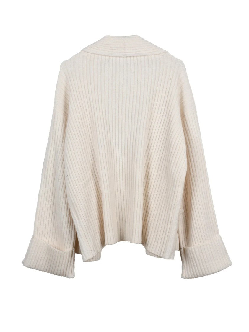 Seventy White Open-Front Ribbed Knit Wool Cardigan