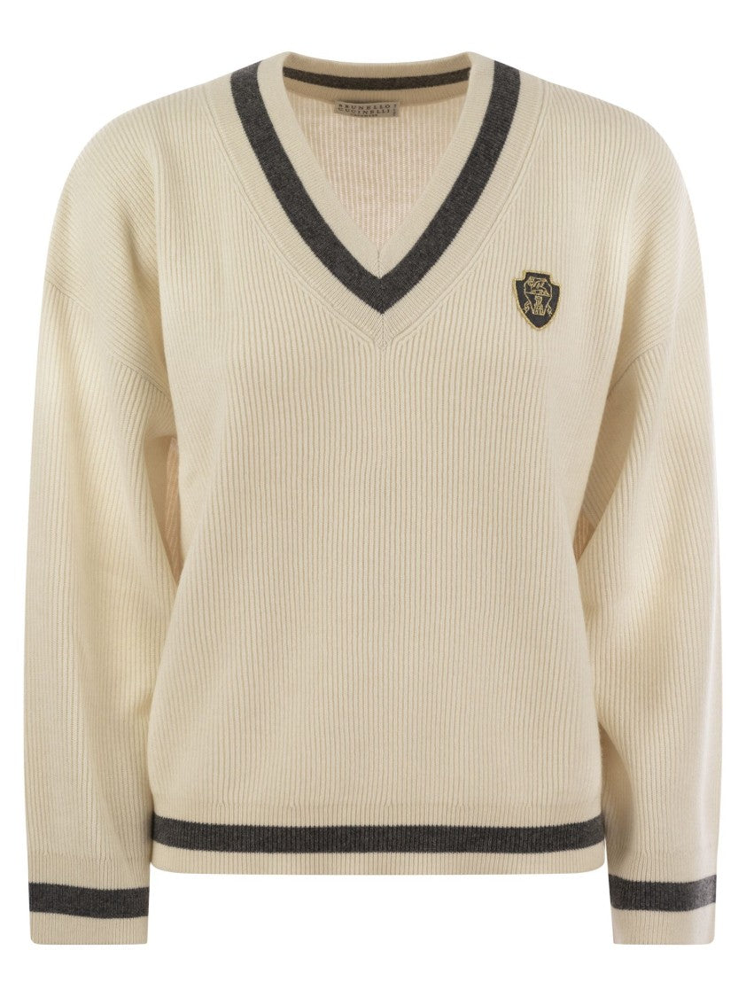 Brunello Cucinelli Ribbed Cashmere Sweater With Contrasting Stripe
