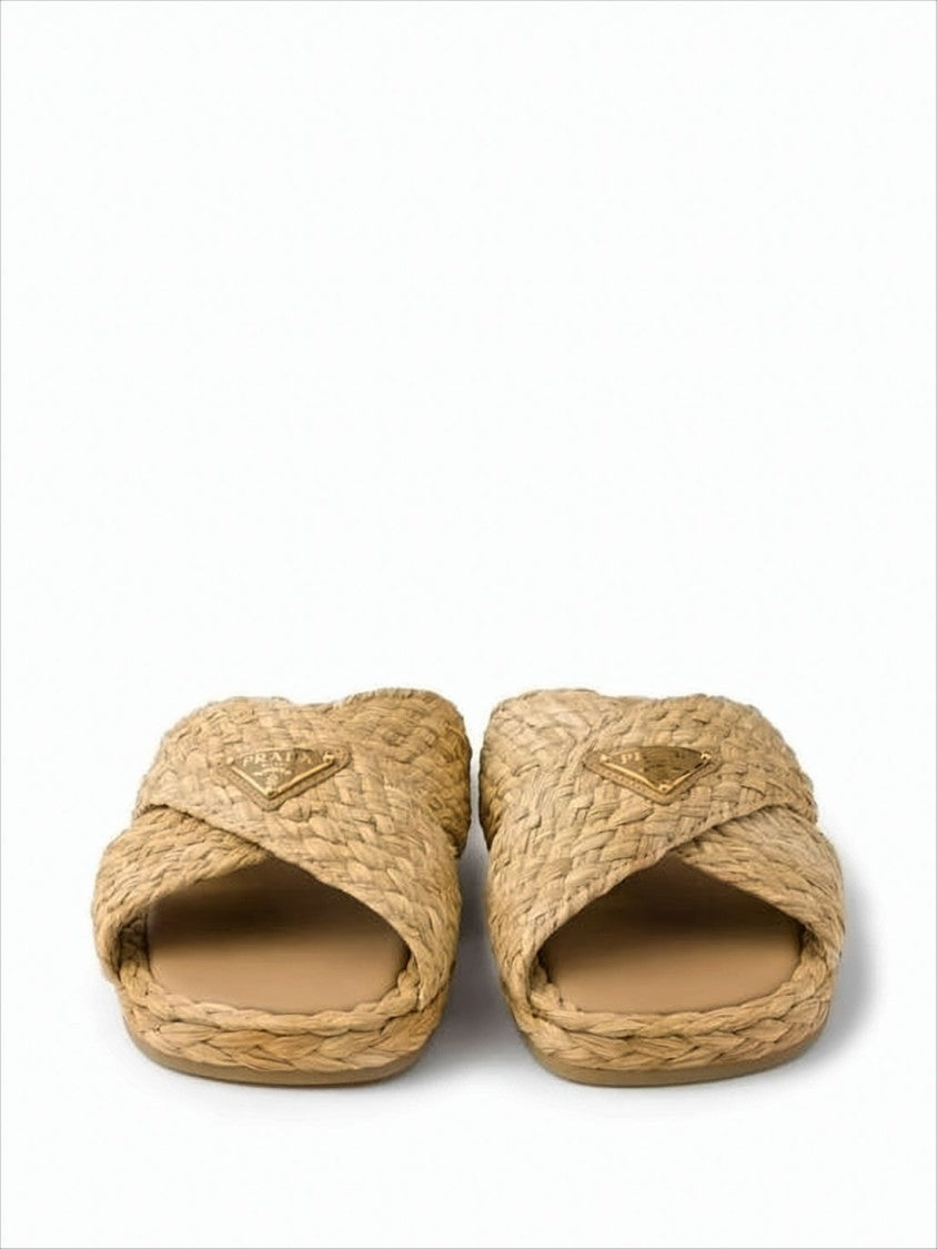 Prada Woven Raffia Slip-On Mules With Triangular Logo Accent