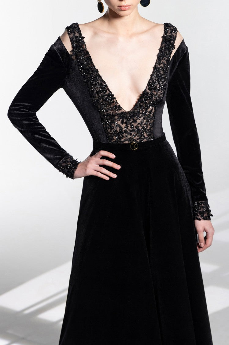 Saiid Kobeisy Velvet Flared Jumpsuit With A Beaded Top