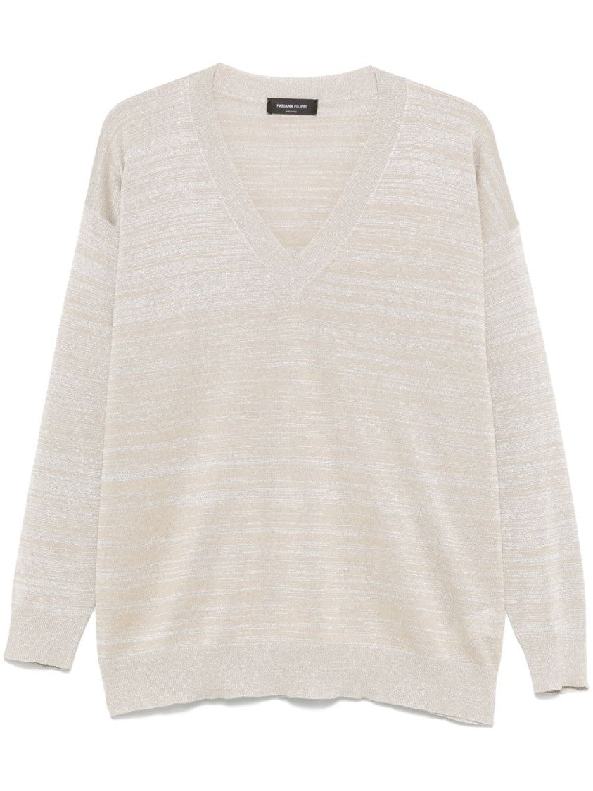 Fabiana Filippi Textured Grey Sweater With Deep V-Neckline
