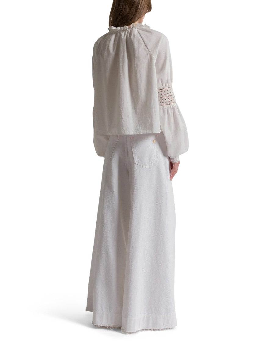 Alberta Ferretti Cropped White Blouse With Ruffled V-Neckline
