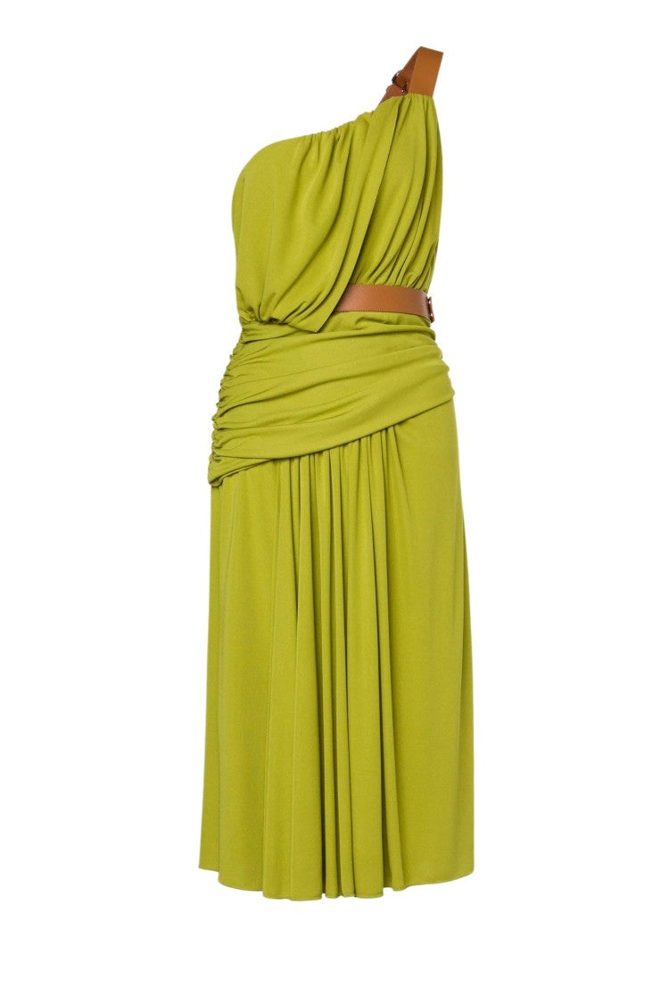 Alberta Ferretti One-Shoulder Green Midi Draped Panel Dress