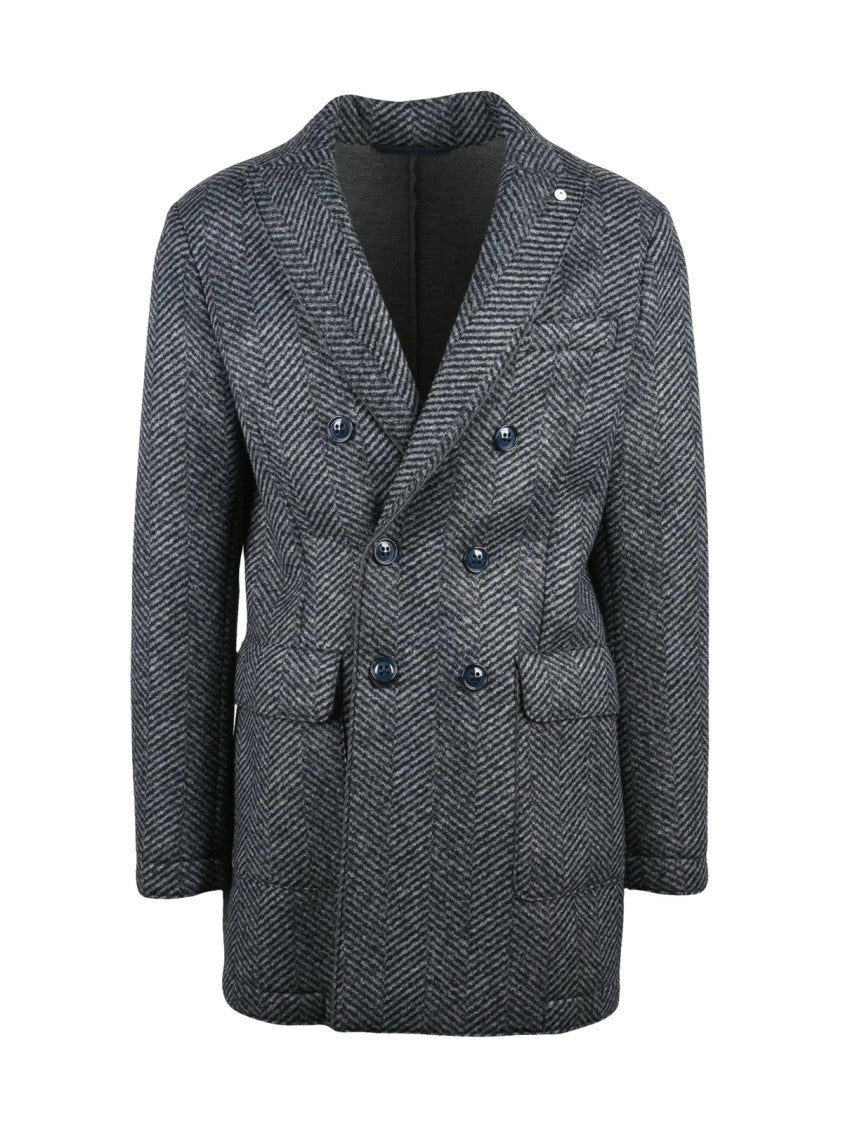 L.B.M. 1911 Grey-Black Viscose-Blend Double-Breasted Coat