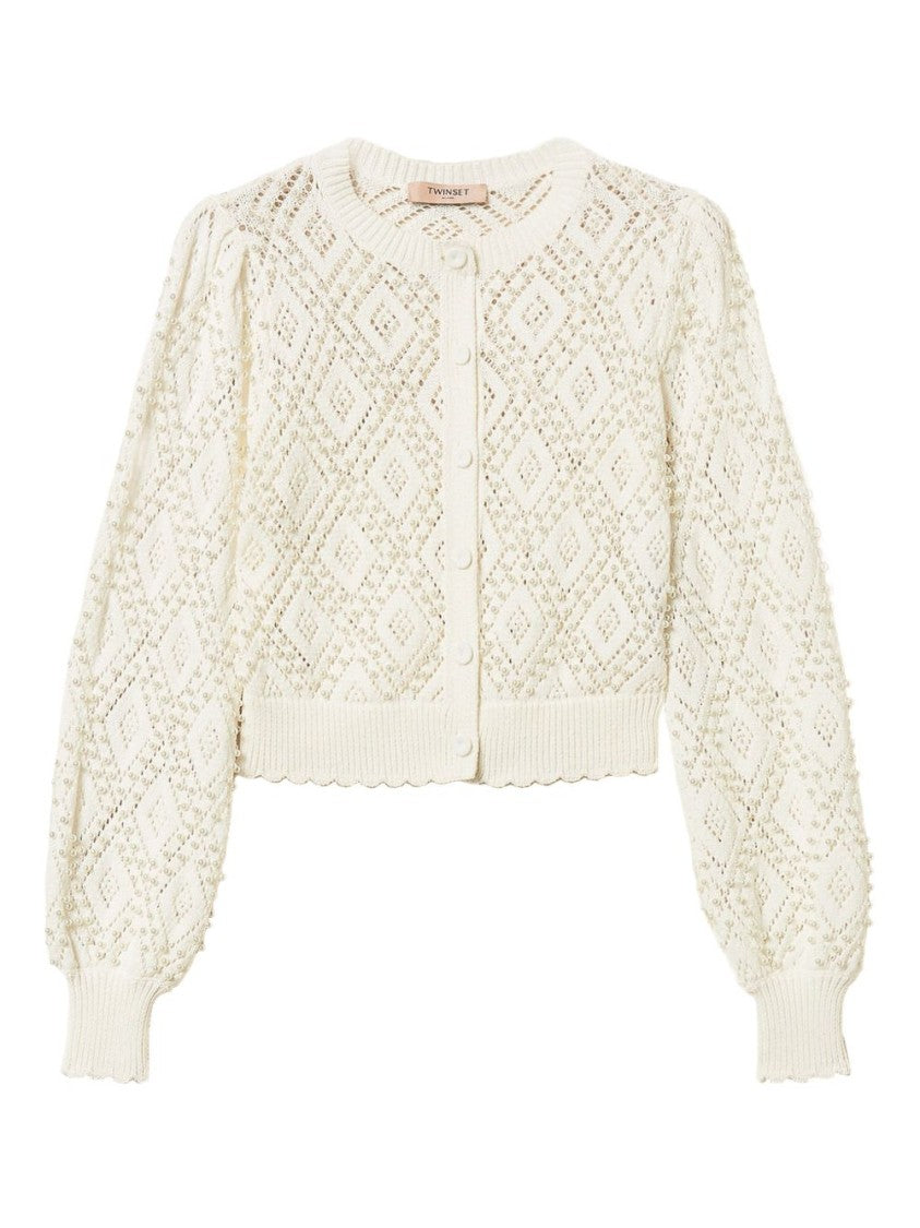 Twin-Set Cropped Knit Cardigan With Openwork Diamond Pattern And Puffed Sleeves