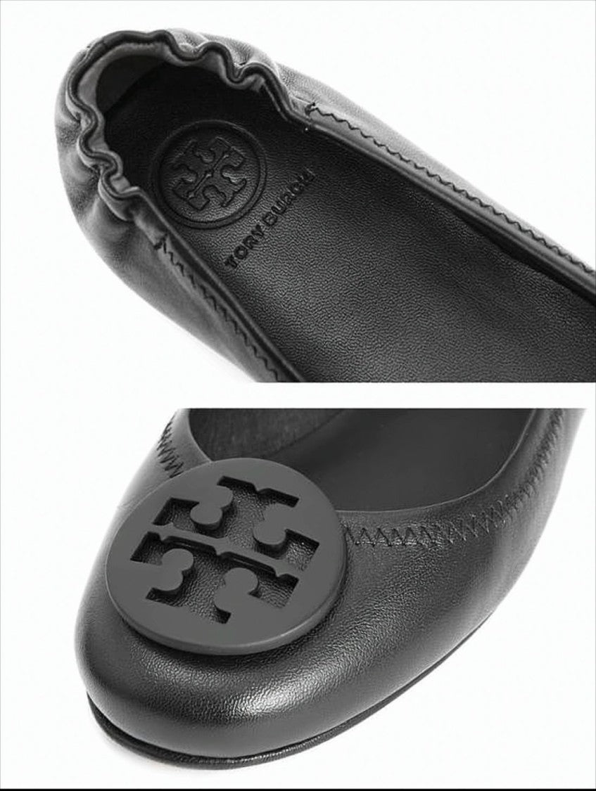 Tory Burch Black Leather Ballet Flats With Circular Logo Emblem