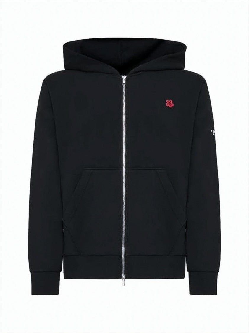 Kenzo Zip-Up Black Hoodie With Embroidered Logo And Kangaroo Pocket