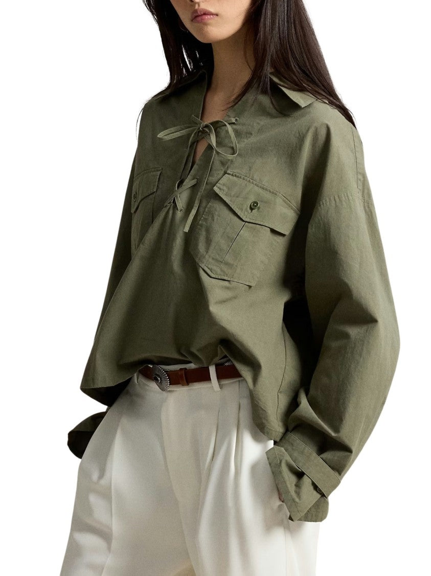Polo Ralph Lauren Cropped Buttoned Pocket Lace-Up Cotton Shirt