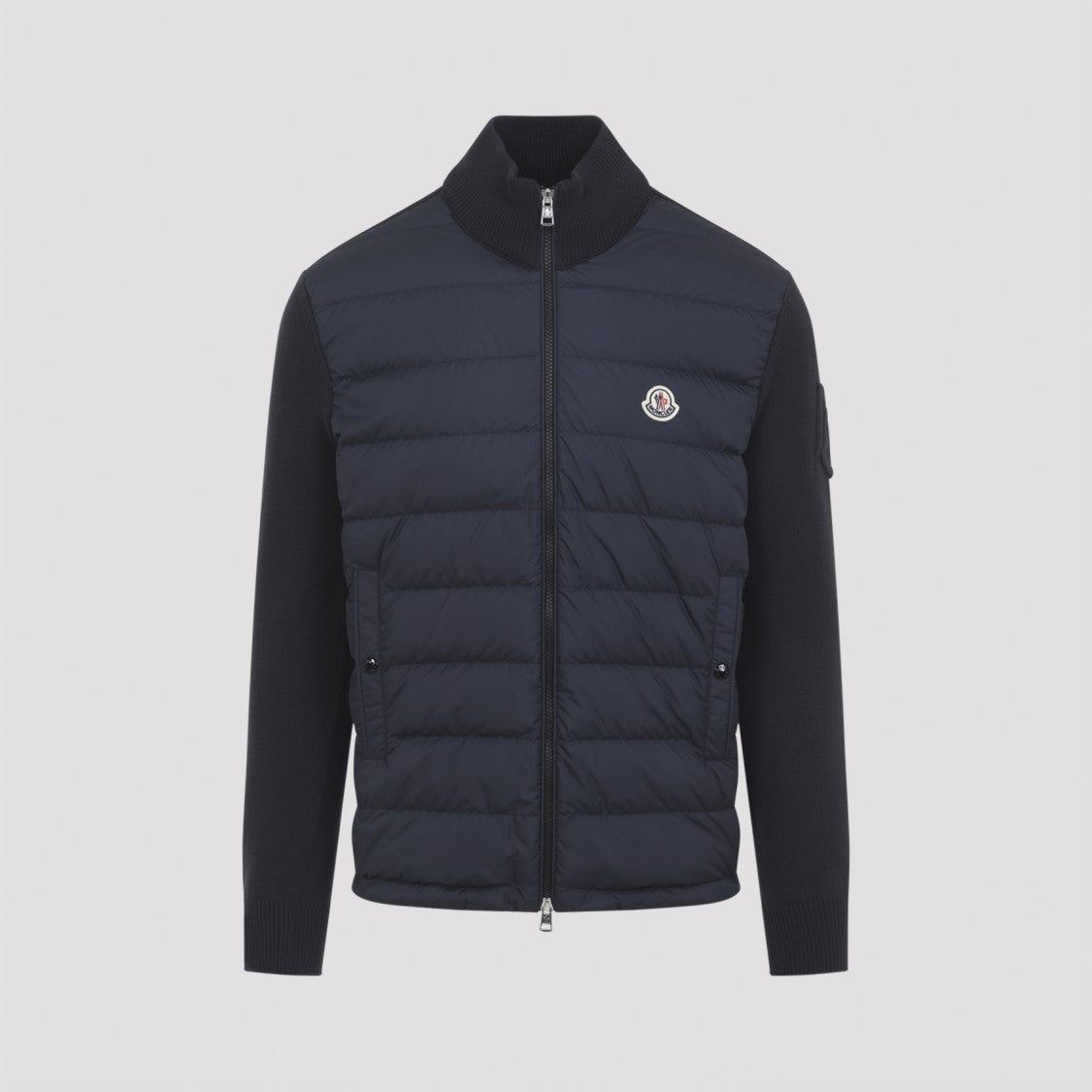 Moncler Padded Dark Blue Cotton Cardigan With Ribbed Collar