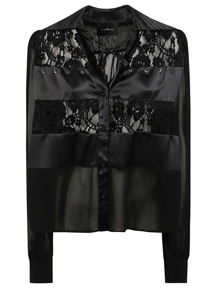 John Richmond Albis Sheer Lace-Panel Long-Sleeve Silk Shirt