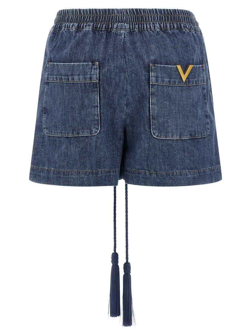 Valentino Garavani Medium Wash Chambray Denim Shorts With Contrast Stitching