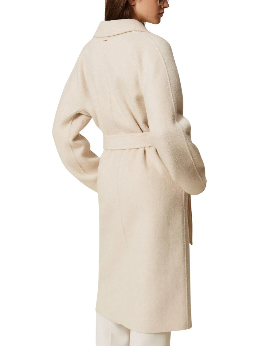Twin-Set Brushed Ivory Long Coat With Double-Breasted Fastening