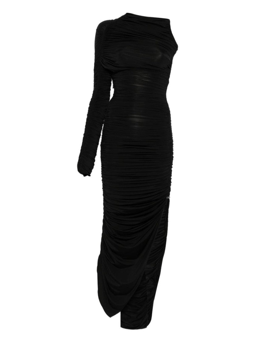 Mugler Black One Sleeve Draped Fitted Dress