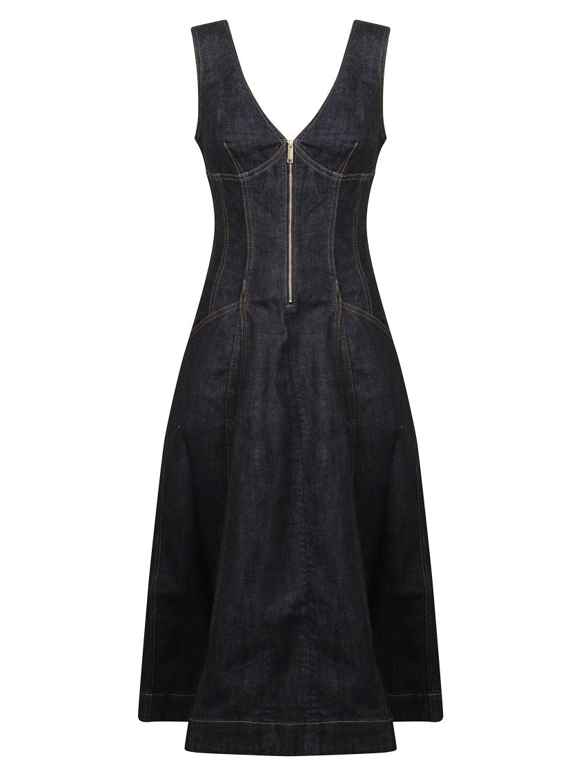 Self-Portrait Mid-Calf Denim Dress With Deep V-Neckline And Flared Skirt