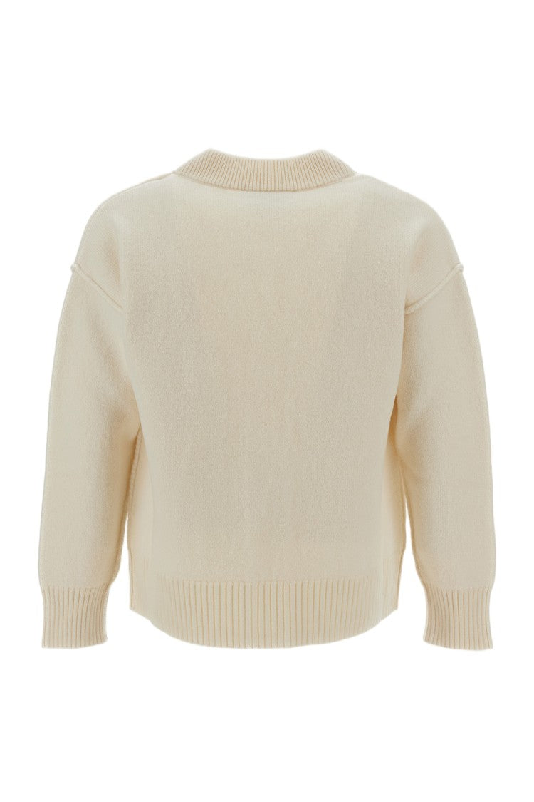Ami Paris White Heart Intarsia Wool V-Neck Cardigan