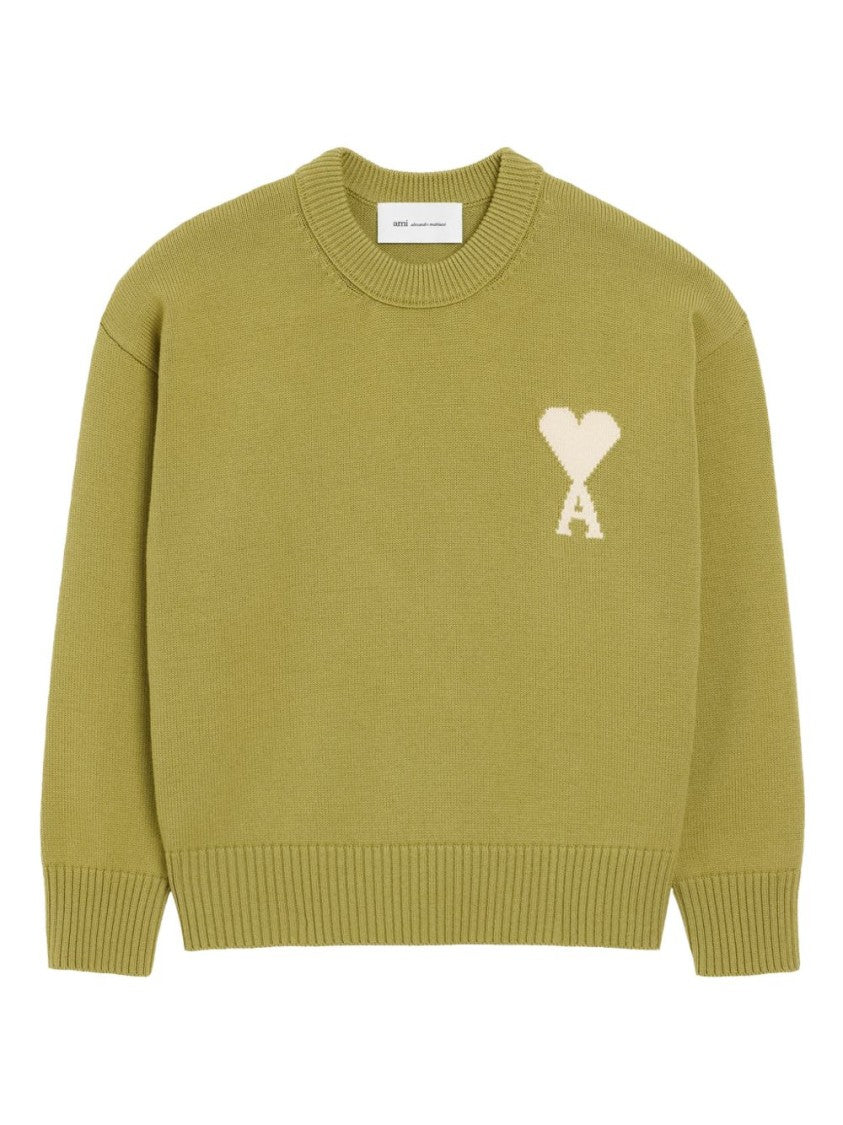 Ami Paris Green Intarsia Logo Wool Sweater