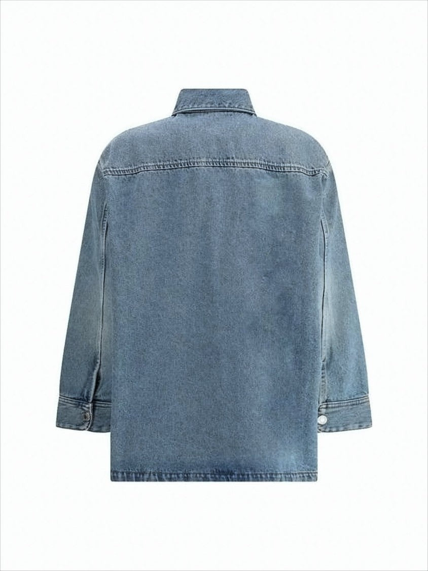 Ami Paris Denim Shirt With Classic Collar And Embroidered Detailing
