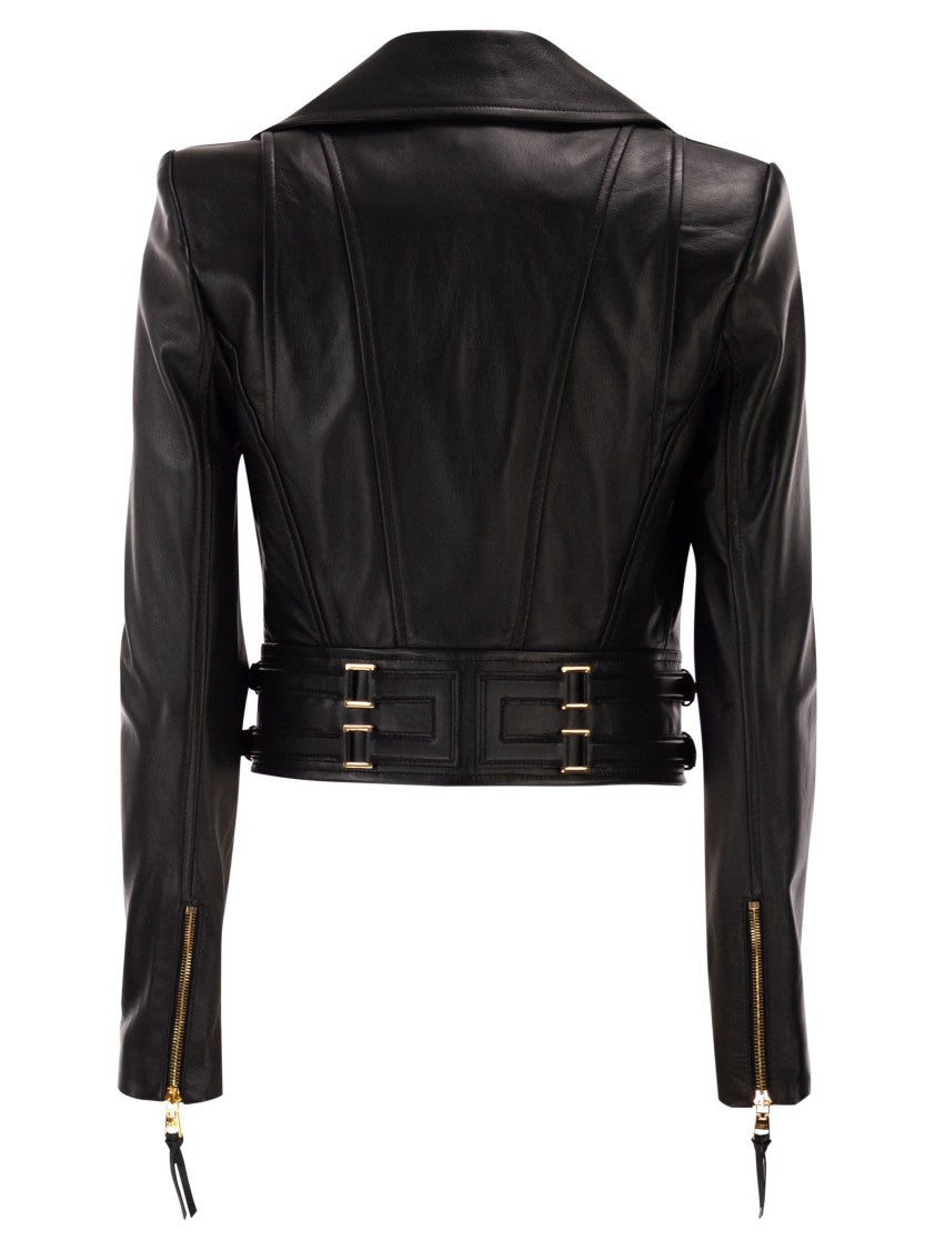Elisabetta Franchi Classic Leather Biker Jacket With Structured Shoulders