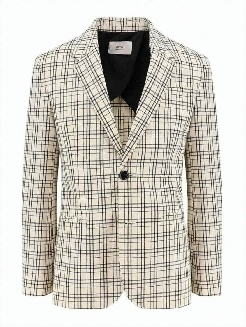Ami Paris Checkered Wool Suit Jacket With Notched Lapels