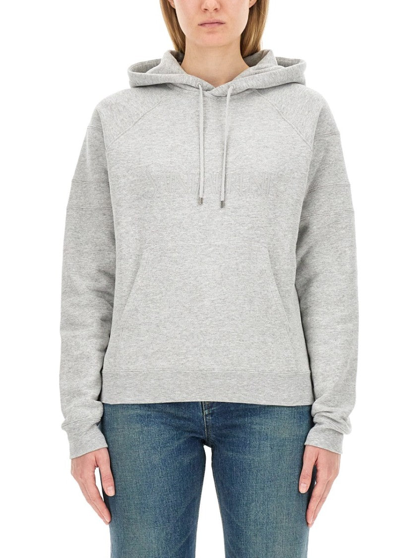 Saint Laurent Classic Grey Cotton Hoodie With Drawstring