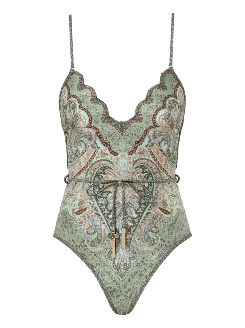 Zimmermann Paisley Pattern One-Piece Swimsuit With Scalloped Edges And Drawstring Tie