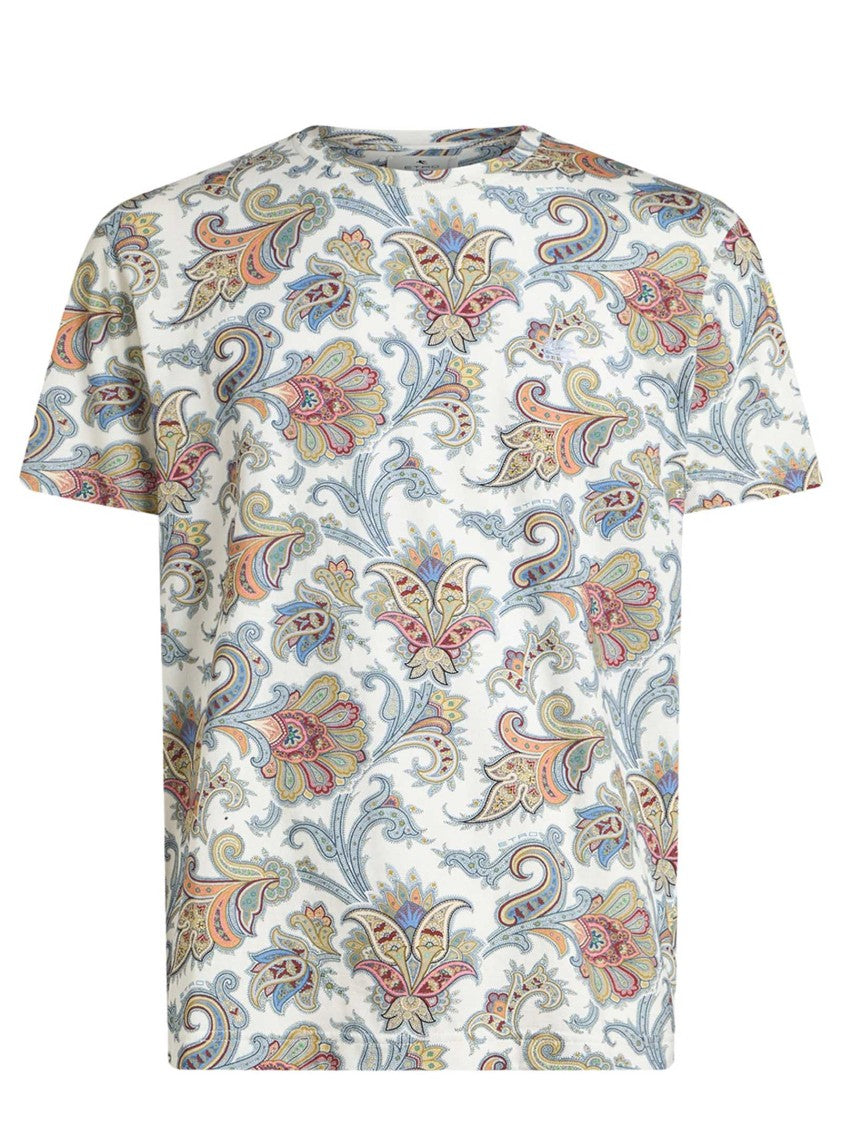 Etro White Crewneck T-Shirt With Maxi Flower Paisley Print