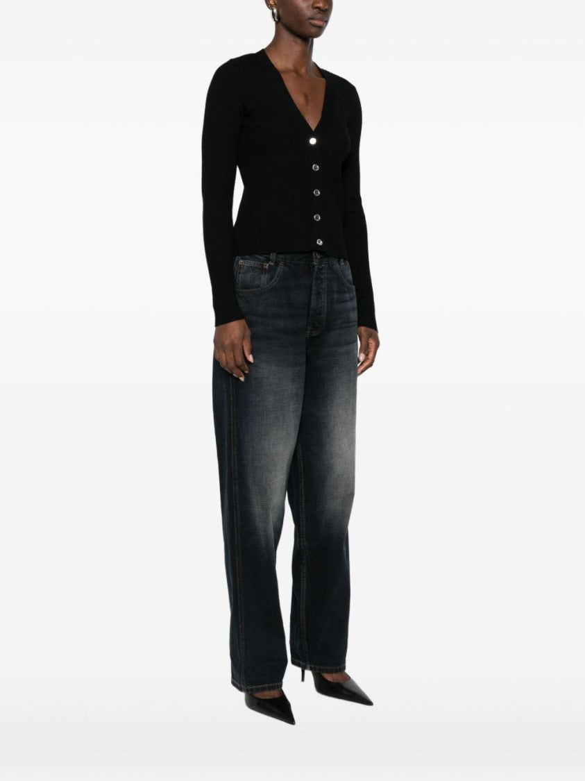 Pinko Fitted Black Cardigan With Ribbed Texture