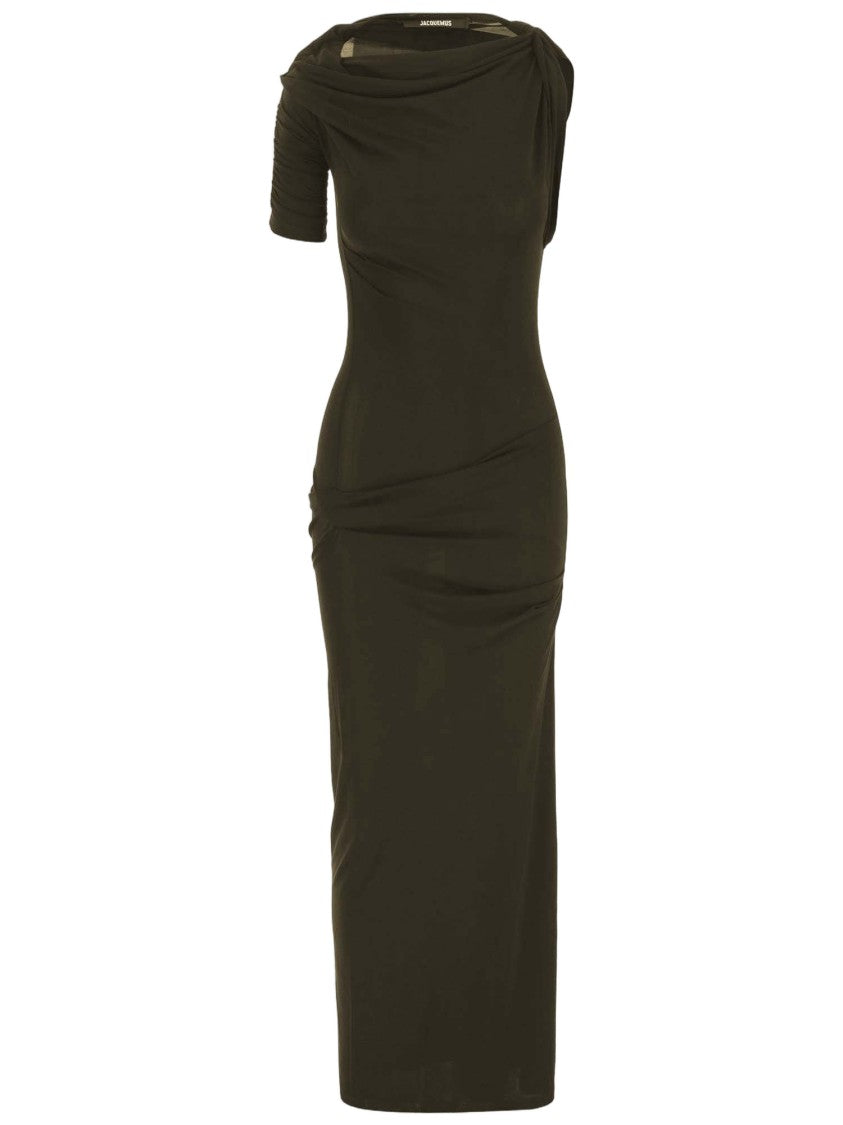 Jacquemus Dark Khaki Cotton Silk Asymmetrical Dress