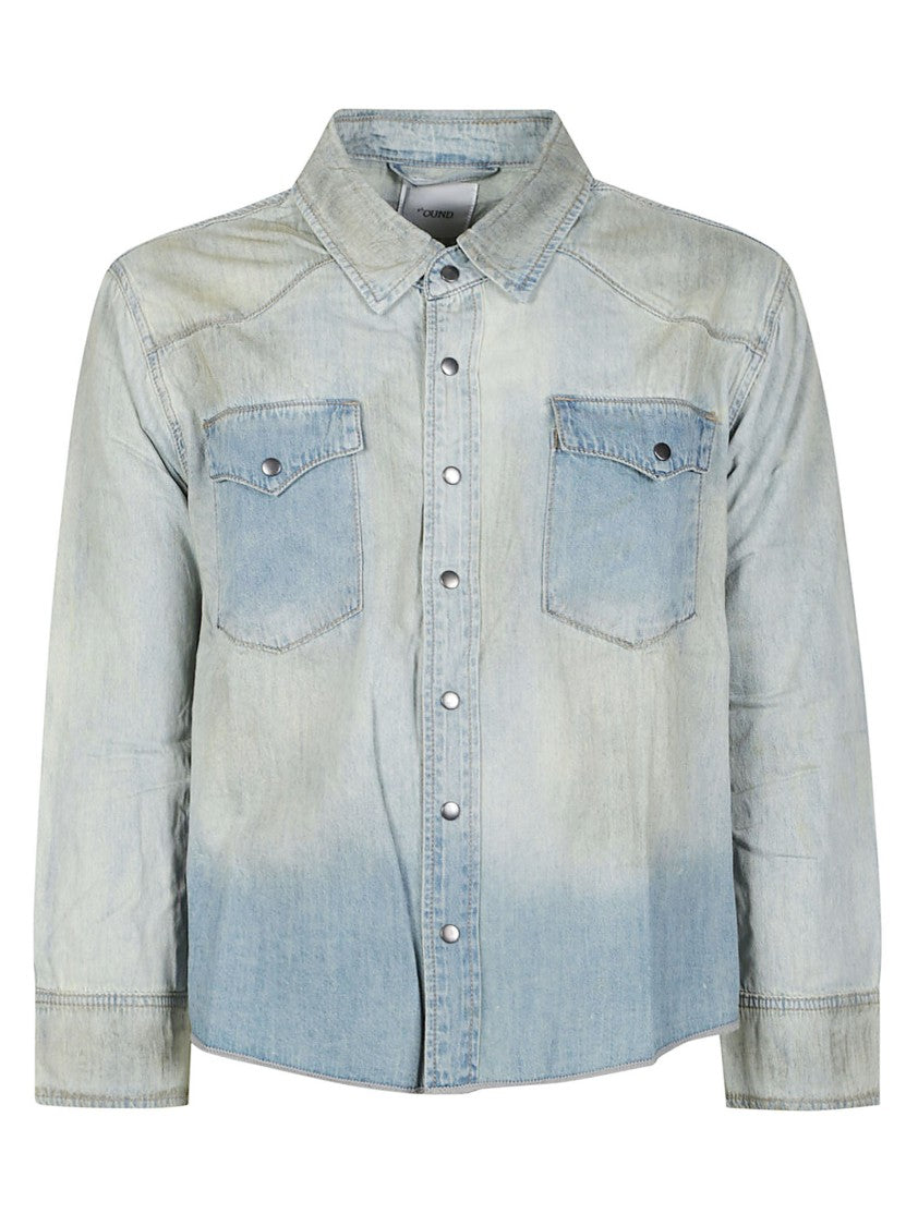 Found Western Faded Gradient Denim Suede Patches Casual Shirt