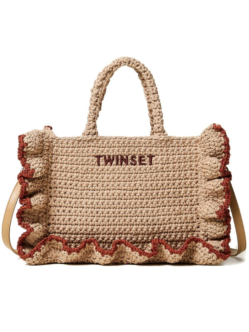 Twin-Set Rectangular Woven Bag With Ruffled Edges And Leather Strap