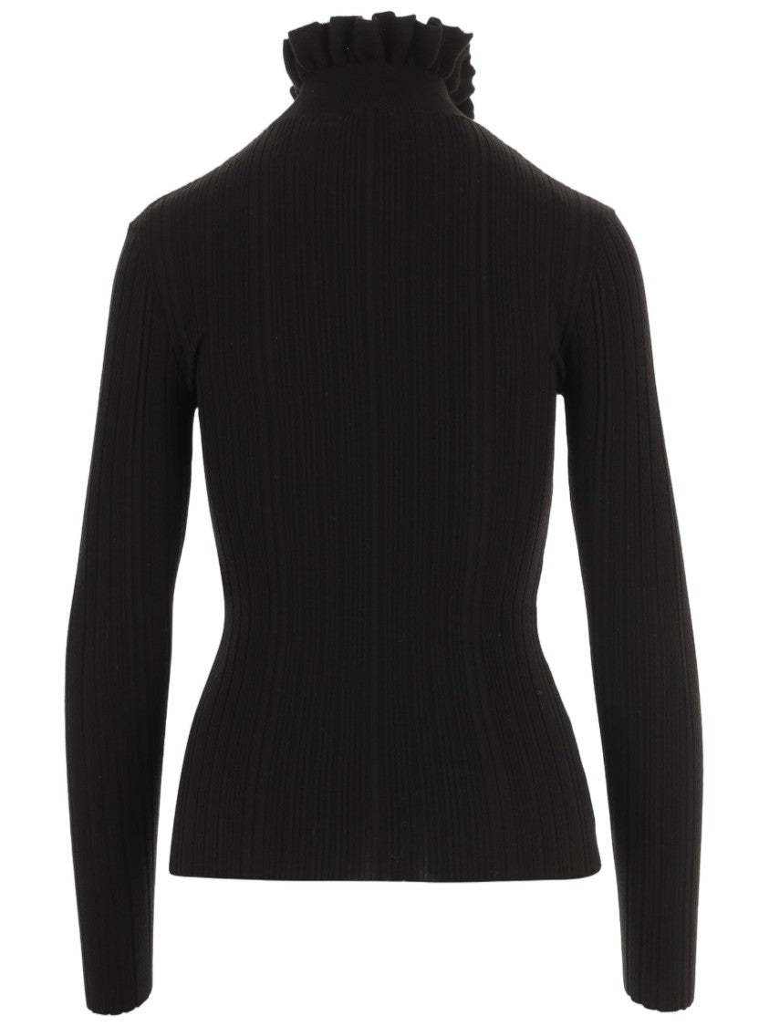 Patou Black Merino Wool Ruffled High-Neck Sweater