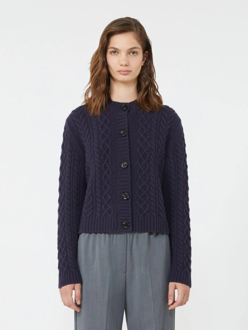 Max Mara Textured Navy Blue Cardigan With Ribbed Hem