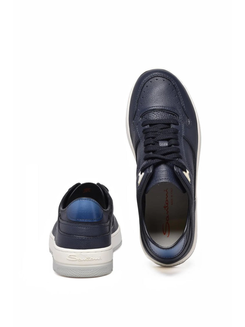 Santoni Blue Leather Hammered Sneakers