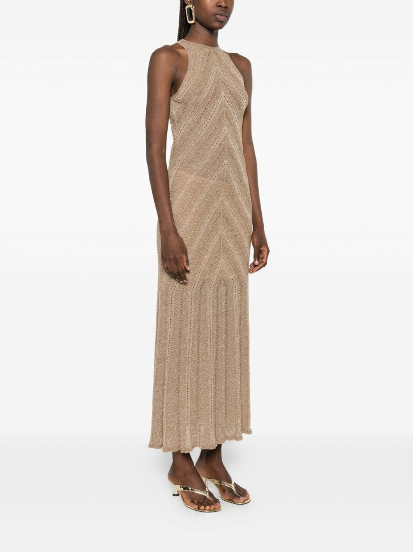 Twin-Set Geometric Textured Knit Midi Dress With High Neckline