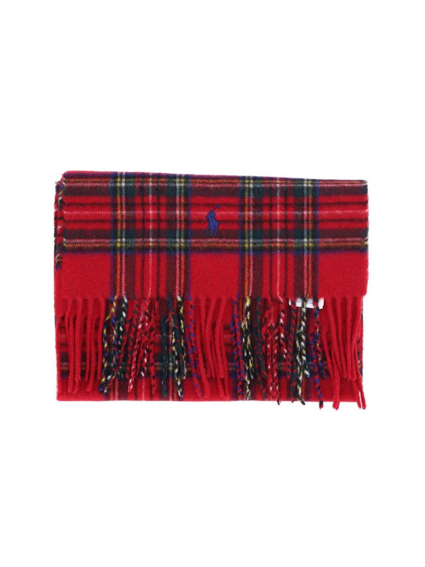 Polo Ralph Lauren Rectangular Red Tartan Wool Scarf With Fringed Edges