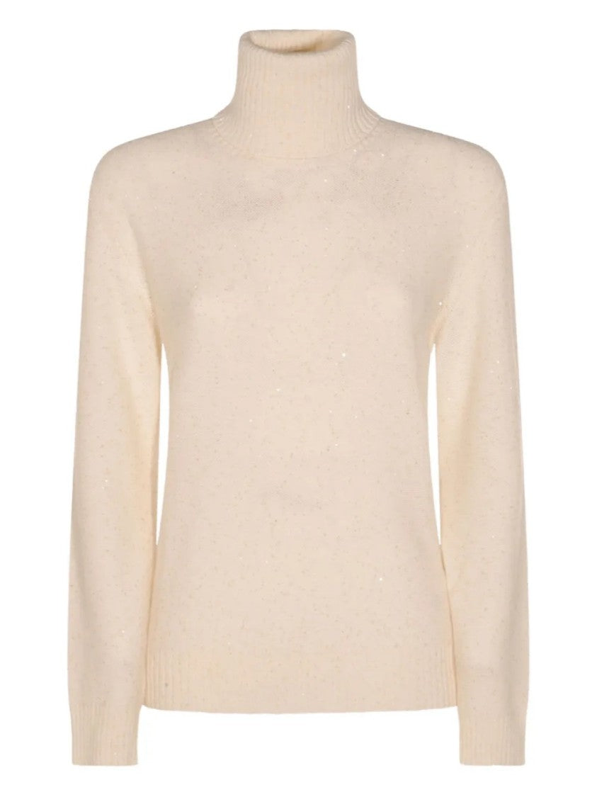 Fabiana Filippi Speckled Cream Turtleneck Sweater With Ribbed Details