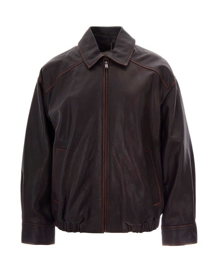 Max Mara Washed Finish Lamb Leather Shirt Collar Elasticized Bomber Jacket