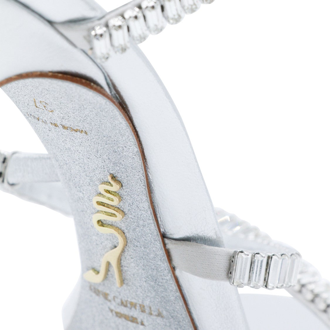 René Caovilla Silver Leather Sandals With Rhinestone-Ankle Detail