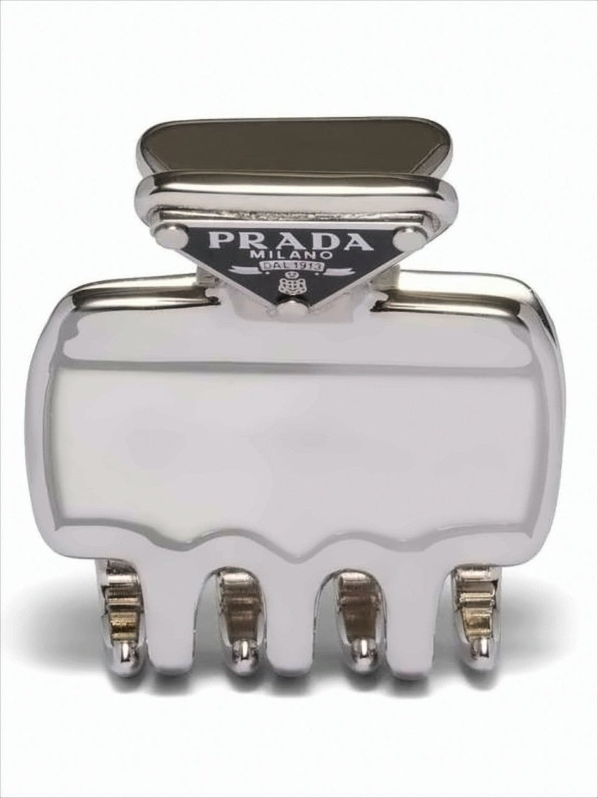 Prada Metal Hair Claw Clip With Triangular Logo Plaque