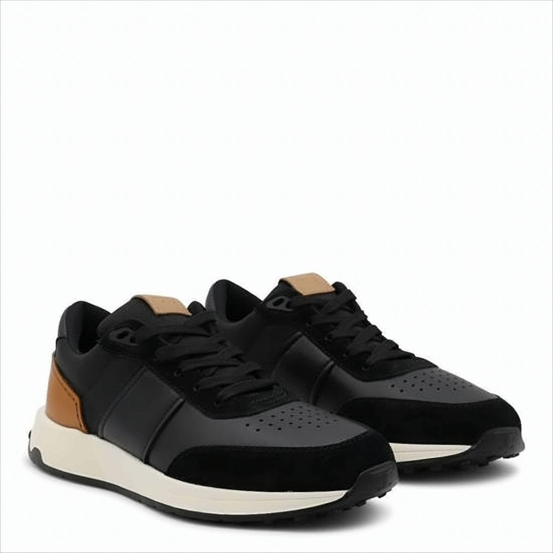 Tod's Black Leather Sneakers With Perforated Detailing And Tan Heel Patch