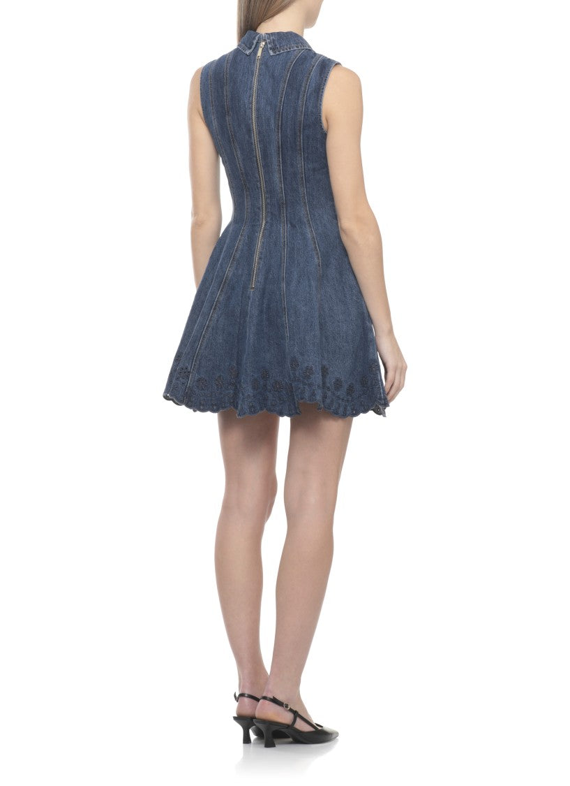 Self-Portrait Denim Mini Dress With Lace Embroidery And Classic Collar