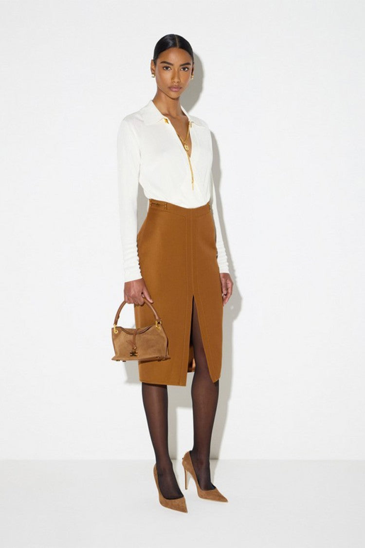 Elisabetta Franchi Ivory Wrap Point Collar Key-Charm Viscose-Blend Bodysuit