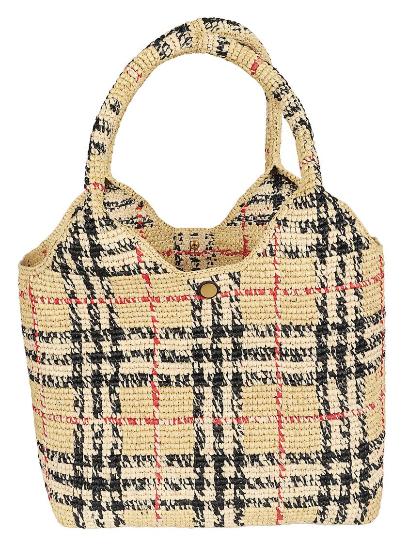 Burberry Woven Raffia Tote Bag With Check Pattern And Structured Design