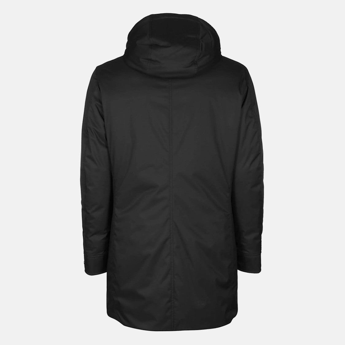 Moorer Matte Black High-Collared Coat With Concealed Fastening And Functional Details